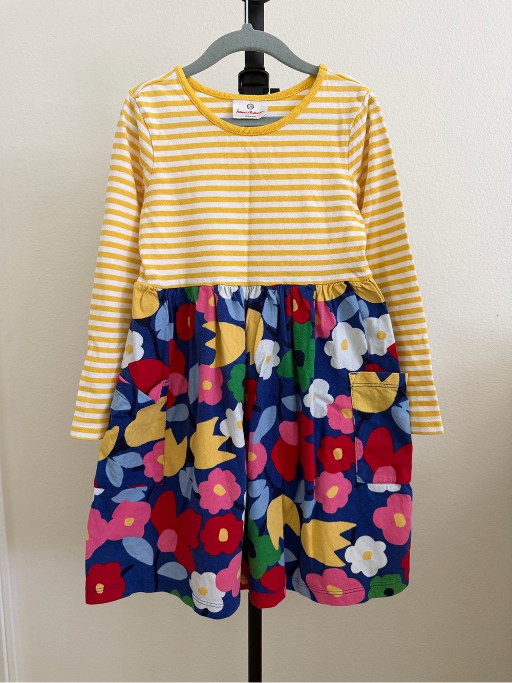 Hanna Andersson Yellow Stripe Top with Navy Multi Floral Skirt Dress